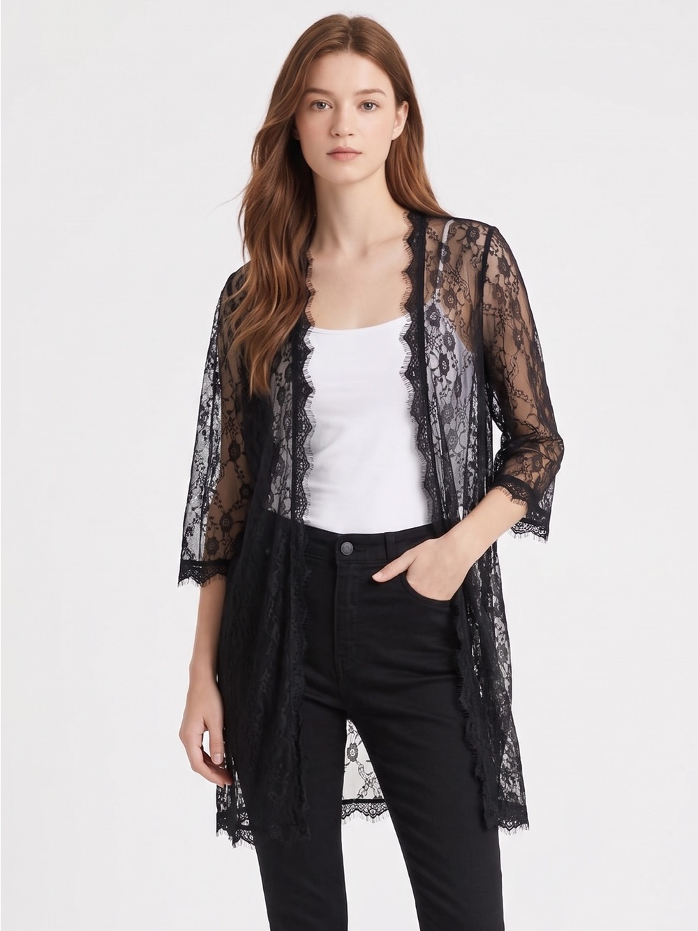 Whimsygoth Style retro vibes Sheer Black Lace Kimono Robe - Women's Intimates